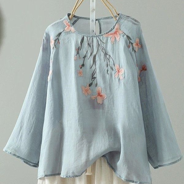 Cotton and linen embroidered blouse long-sleeved shirt women's summer new fashion and light loose casual large-size cotton and linen top
