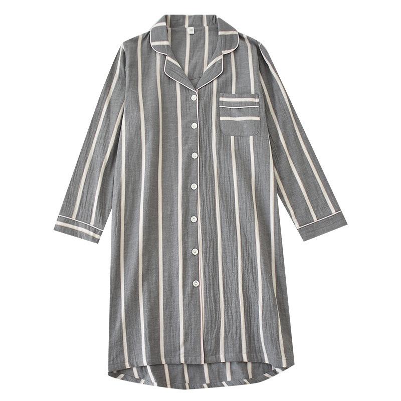 Spring and Summer New Long-Sleeved Nightgowns Cotton Women's Mid-Length Cotton Sleepshirts Home Stripe Knee-Length