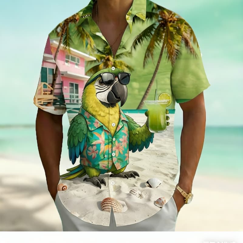 

Trendy Retro Parrot Cocktail Print Short Sleeve Shirt Bold Trendy Casual Outfit Wear Perfect Summer S