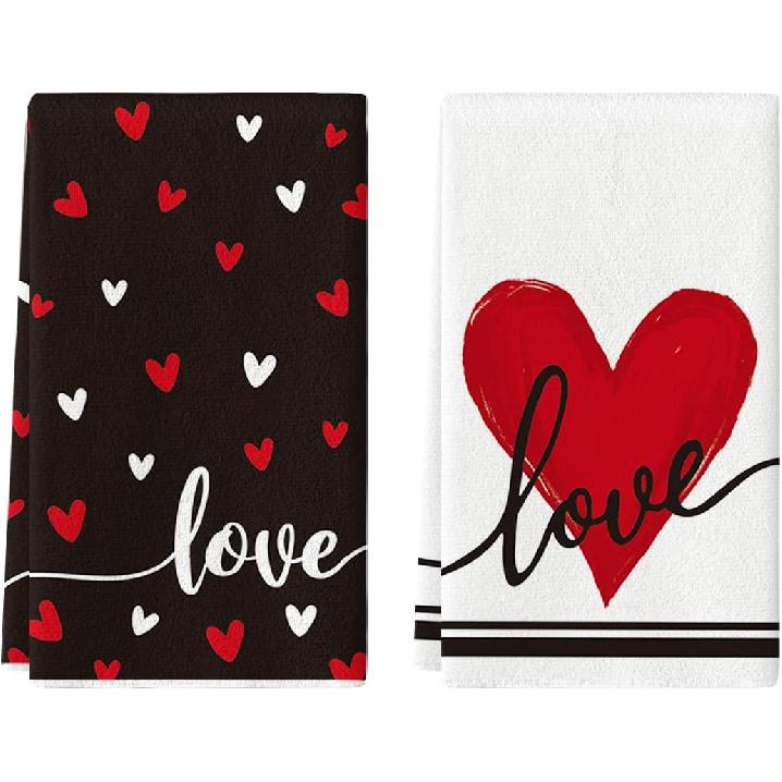 Artoid Mode Red Heart Love Kitchen Towels Dish Towels, 18x26 Inch Anniversary Wedding Farmhouse Decoration Hand Towels Set of 2