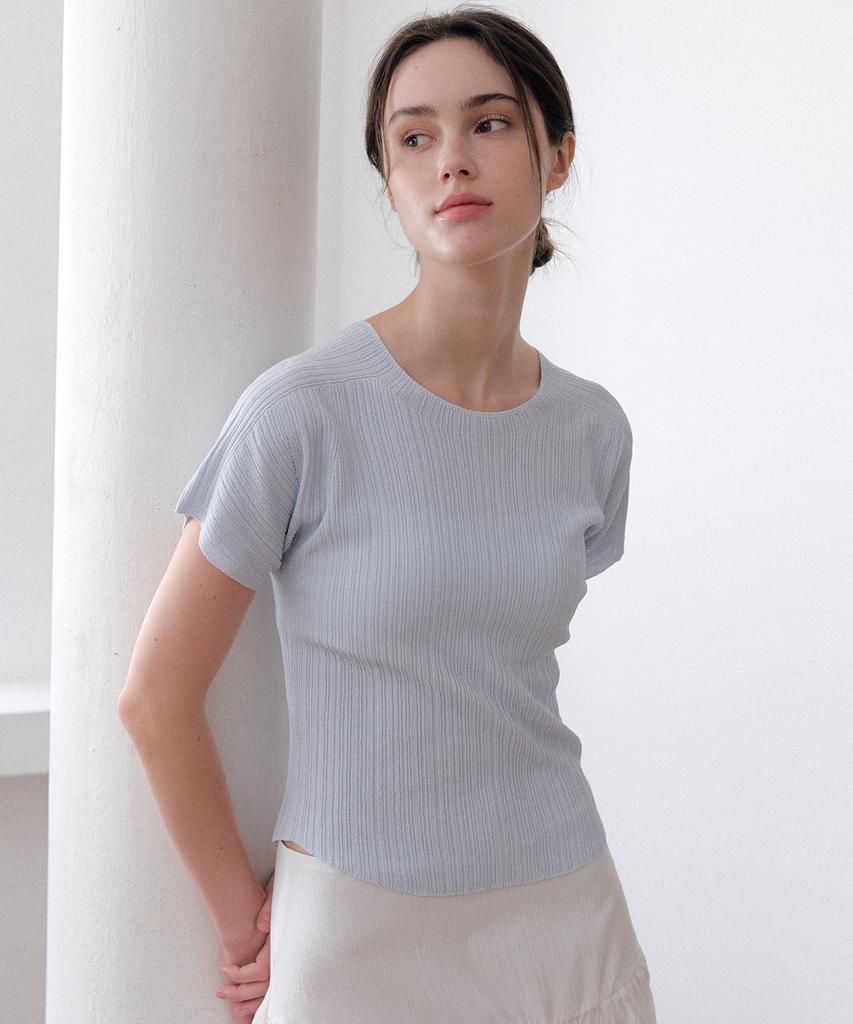 Meojiaenminggeul Arin Wholegarment Pleats Short Sleeve Knit Top (Cotton Blue)
