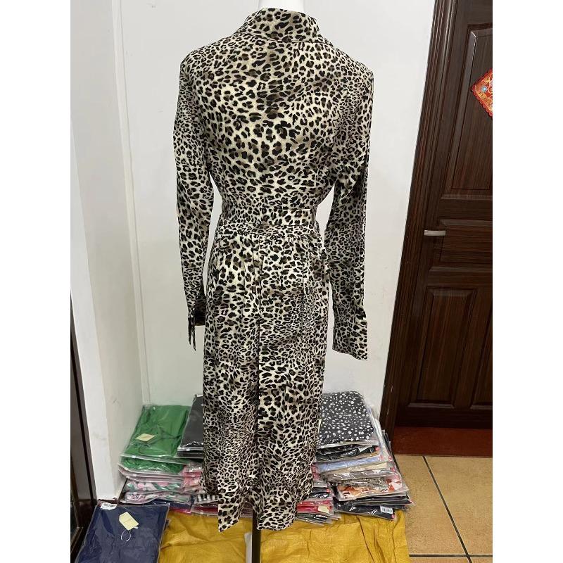 Women's Leopard Print Dress Spring Long Sleeve Lapel Lace-up Button Up Loose Casual Sexy Dress Women Summer Elegant A Line Office Ladies Long Dresses