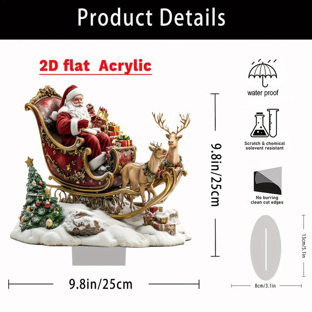 2D Acrylic Christmas Table Decor Santa Claus Sled Elk Tree Ornament with Stand for Office Desk Bookshelf Bedside Xmas Decoration