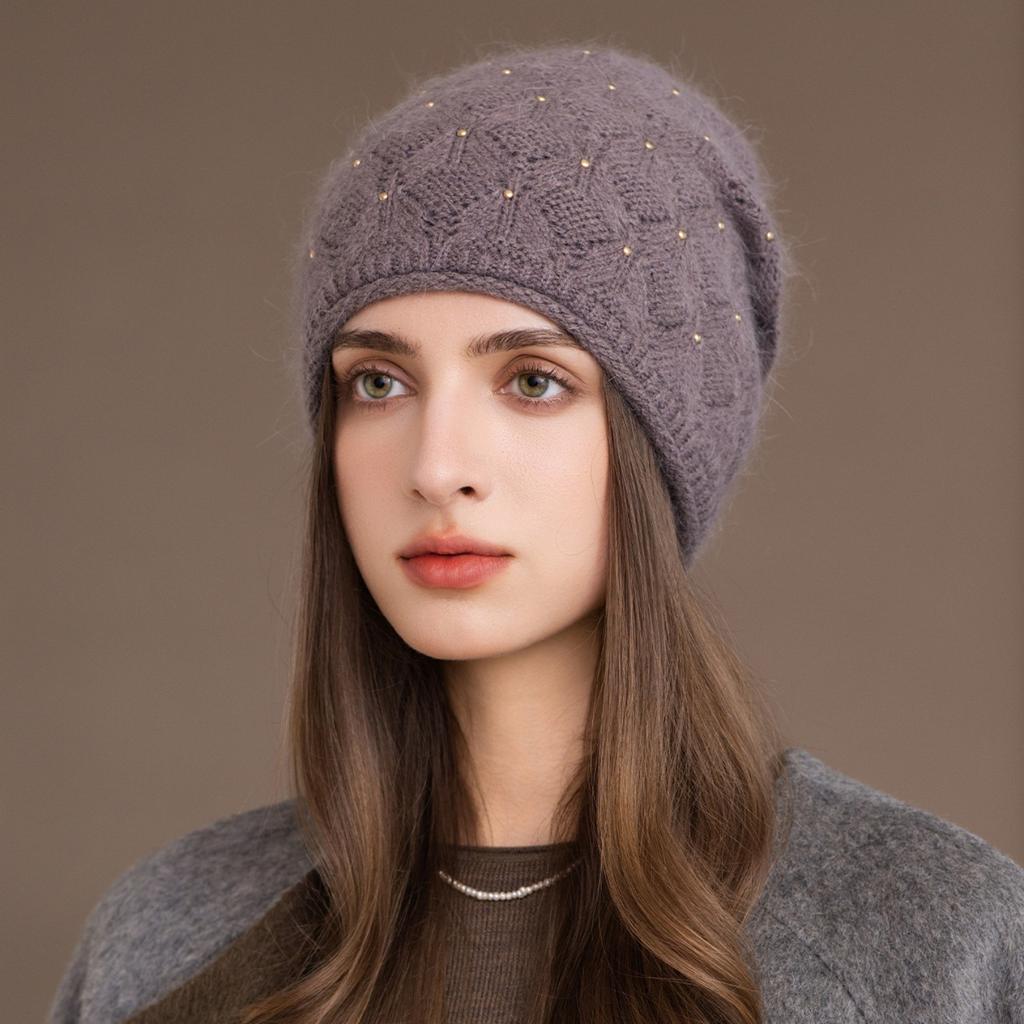 New Rabbit Fur Hat Women's Winter Warm Knitted Headhat Beret Winter Beret for Middle-Aged and Elderly Ladies, Autumn-Winter Season