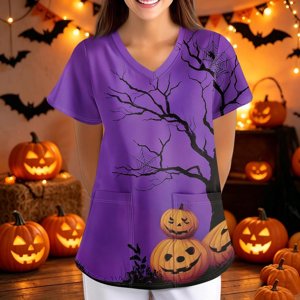 Loose Fit V Neck Short Sleeve Halloween Print Medical Scrub Top with Pockets for Women Nurses Caregivers Workwear