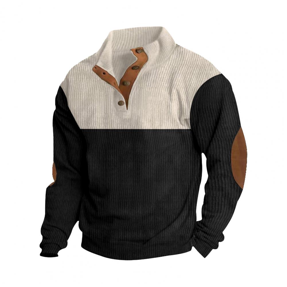 Fall Spring Men Sweatshirt Buttoned Stand Collar Colorblock Slicing Long Sleeves Pullover Sport Casual Daily Top