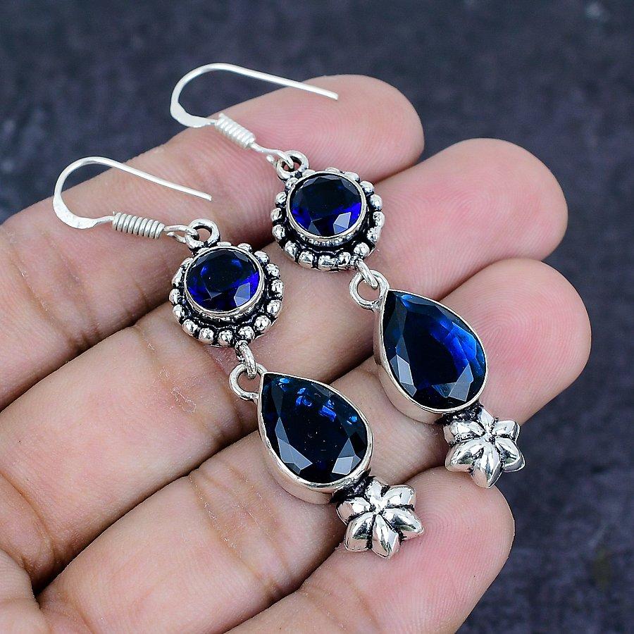 Natural London Blue Topaz Gemstone 925 Sterling Silver Earring 2.44" ETC-12896