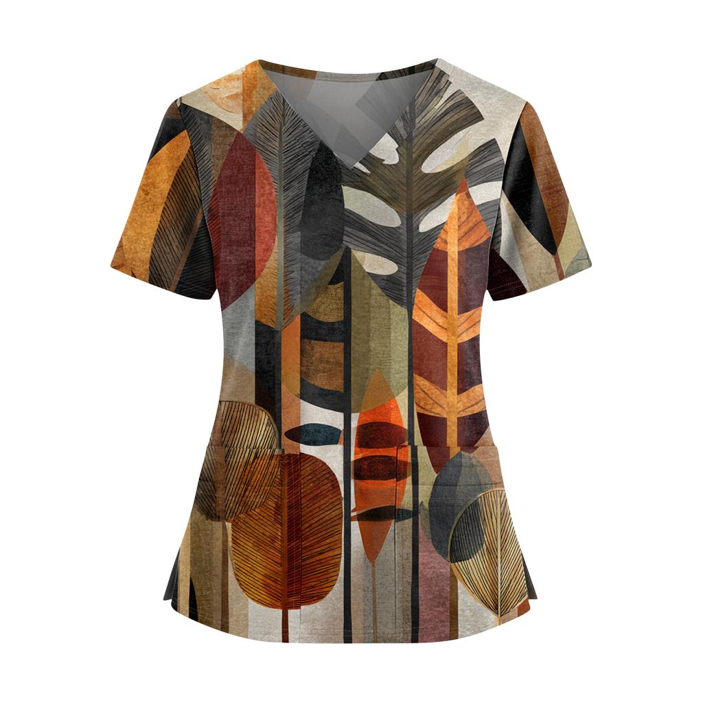 Women's Retro Printed V-Neck Double Pocket Short Sleeves Hem Slit Uniform Caregiver Top