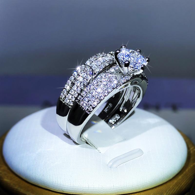 Fashion Classic Double Ring White Zircon Six-Claw Ring  Sterling Copper For Ladies Party Reception Wedding Jewelry Gift