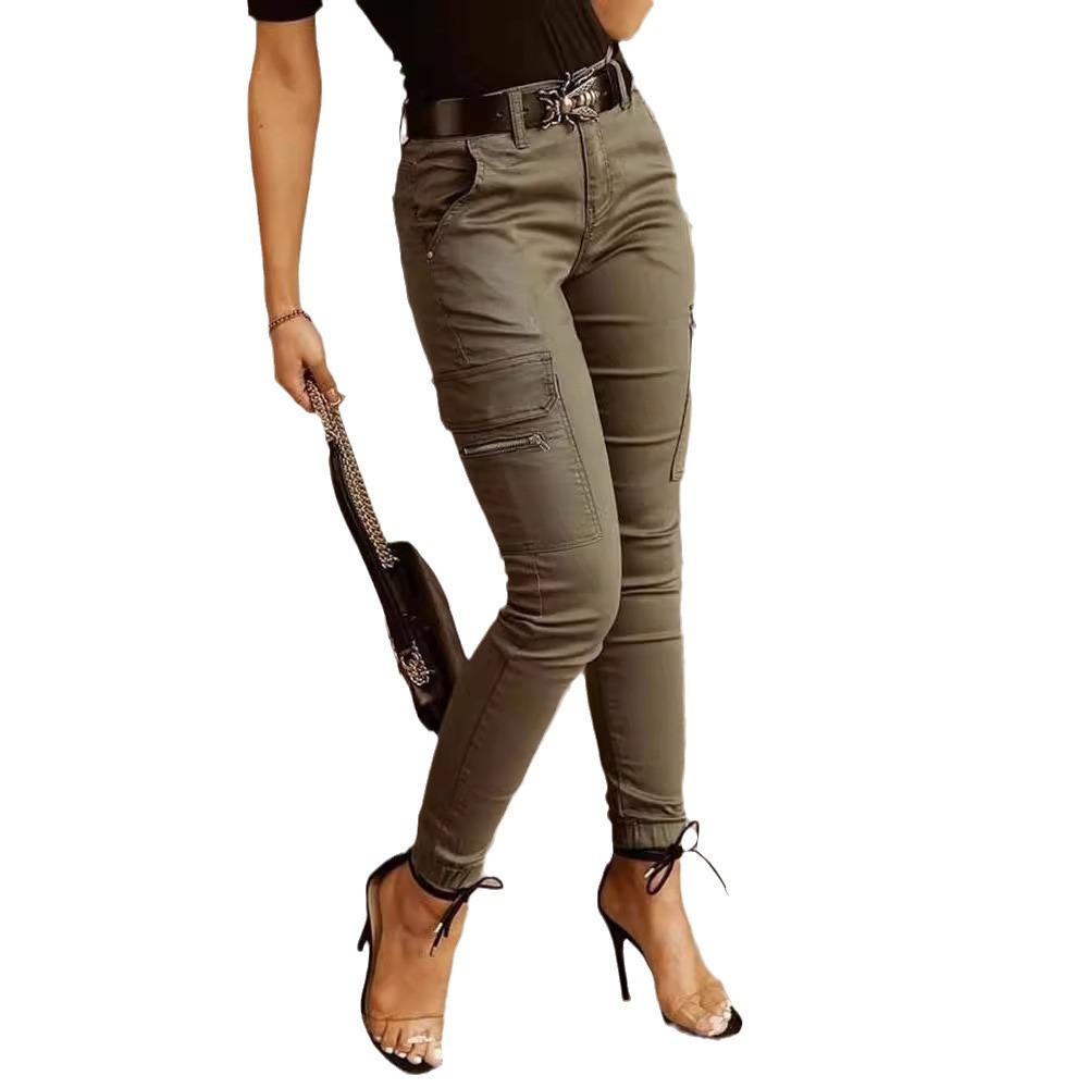 New European & American Women's Low-Waist Jogger Pants - Solid Color, Buttoned, Pocket, Skinny Fit