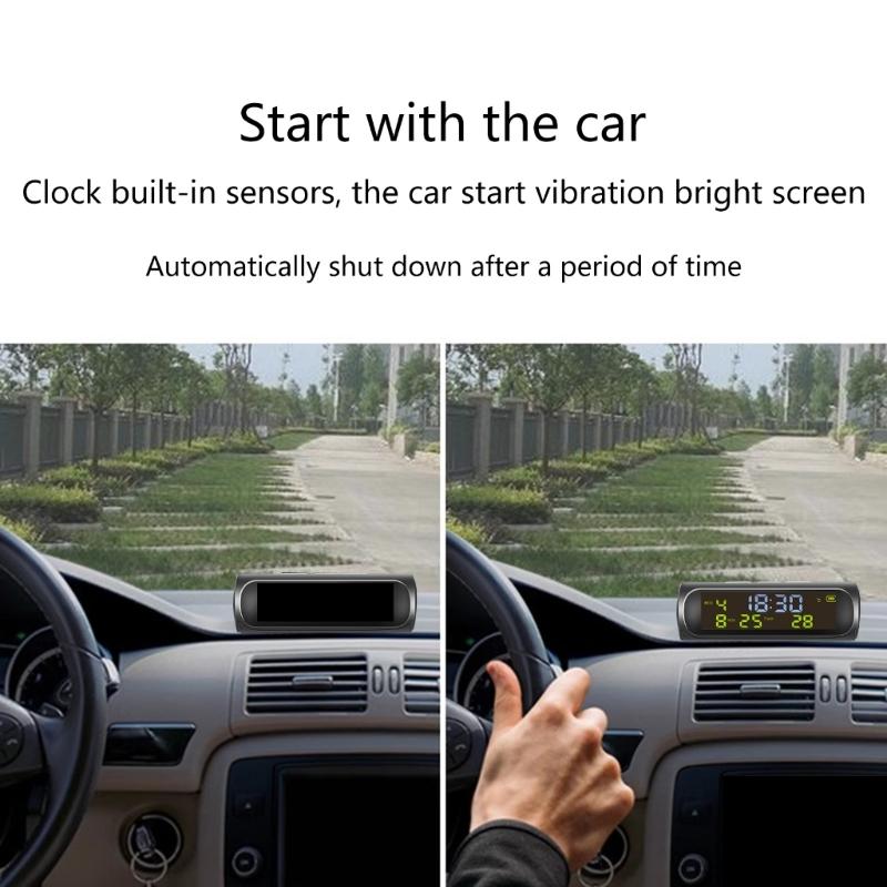 Digital Clock Auto Solar Powered Clock with Week Month Calendar Time Temperature Display Car Electronic Clock Wire Free