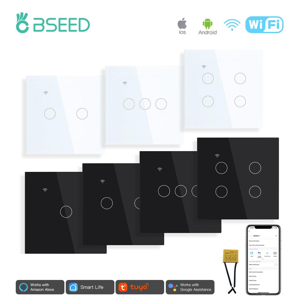 BSEED Wifi Touch Light Switches 1/2/3/4Gang Smart Wall Switch Tuya Smart Life Alexa Voice Control With Capacitor