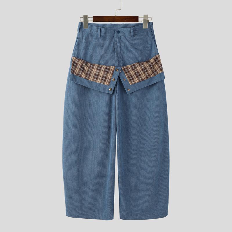 INCERUN Men Zip-up Plaid Wrap Waist Casual Loose Texture Baggy Trousers Pants