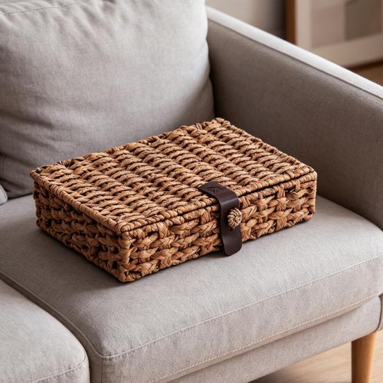 Aufbewahrungsbox Handgeflochtener Weidenkorb mit Lederriemenverschluss Aufbewahrungs-Organizer für Couchtisch Bücherregal