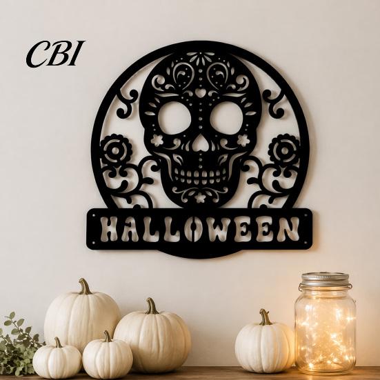 Retro Halloween Party Supplies Skull Metal Door Sign, Gothic Spooky Skeleton Head Hanging Wall Entrance Ornament Art for Man Cave, Bar, Bedroom,