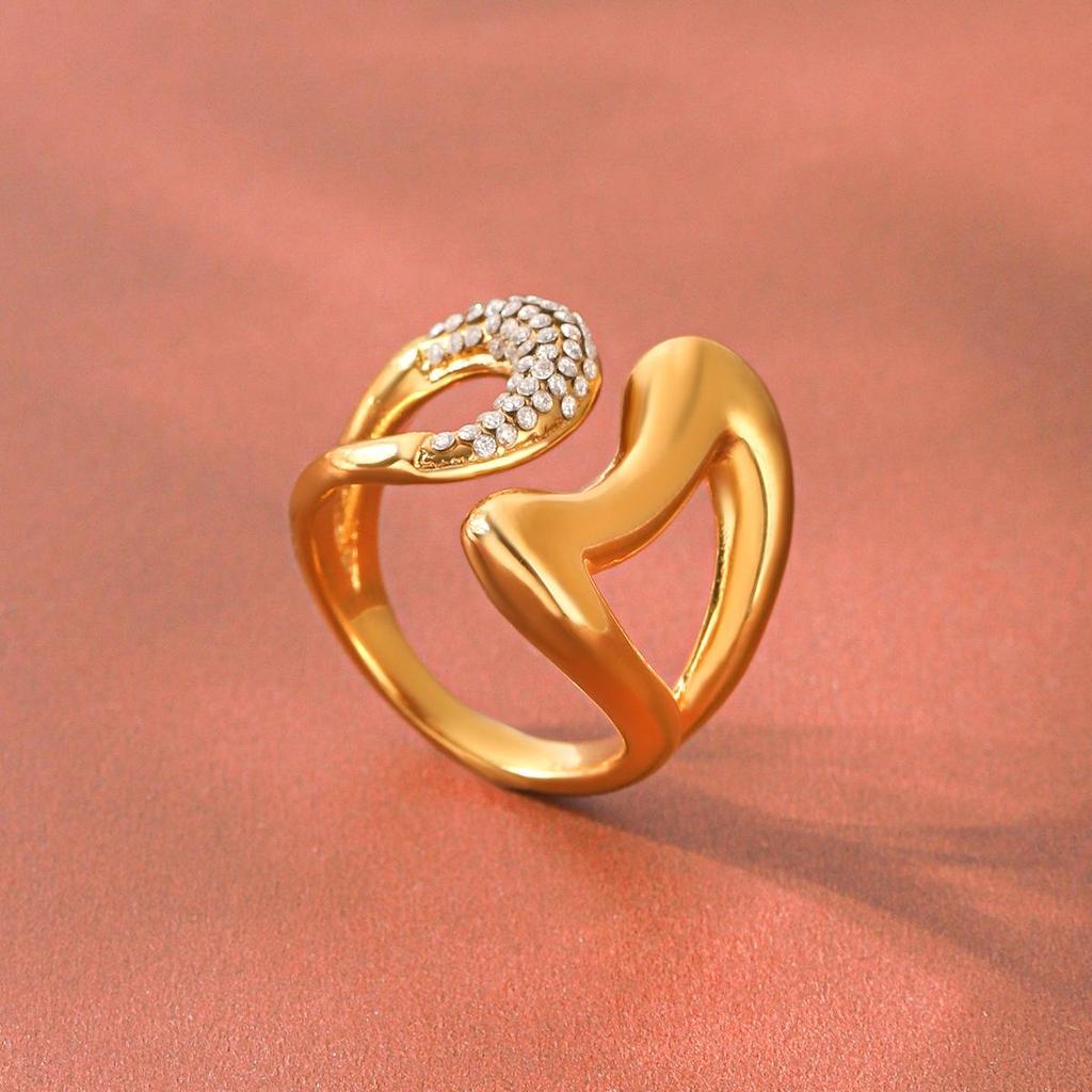 18K Gold-Plated Stainless Steel Diamond Inlaid Open Ring - Fashion Design Jewelry for Women