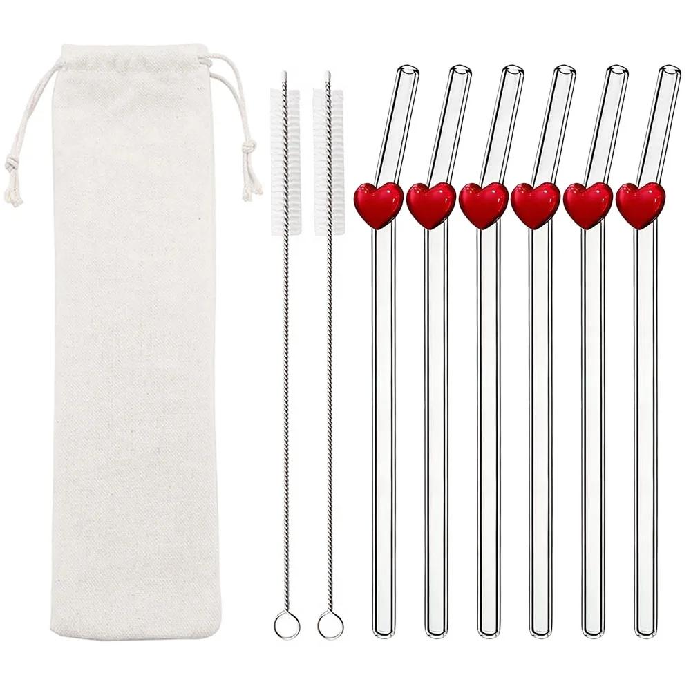 9 Stück/Set Valentinstag Hohes Borosilikatglas Strohhalme Wiederverwendbares Trinkhalm-Set für Smoothies Tee Saft Bar Zubehör