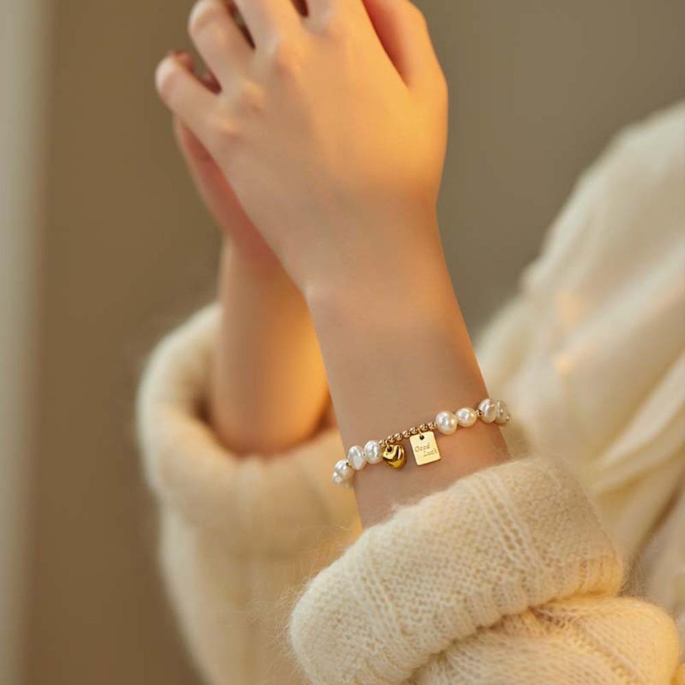 Non-Fading Heart Charm Bracelet Irregular Imitation Pearl Lucky Bracelet  Versatile Jewelry
