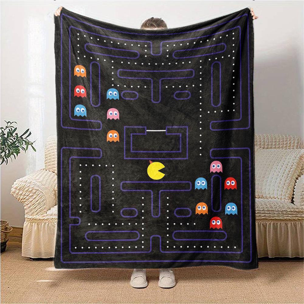1Pc Pacman Classic Gameplay Blanket For Couch Bed Plush Cozy Fuzzy Blanket Super Soft Warm Blankets For Fall And Winter 091889