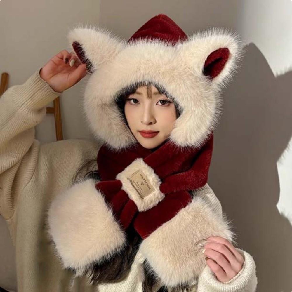 Cartoon Winter Plush Hat 2 IN 1 Ear Protection Cap Skiing Animal Ear Scarf Hat  Outdoor