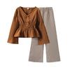 Girls' Outfit Children's Clothing Autumn New Design Flared Sleeve Bow Waist Top Wide Leg Pants