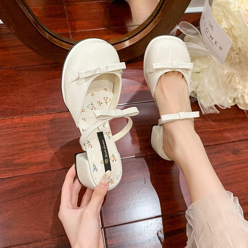 Summer JX New Mid-heeled Slippers Women's Bow Temperament Gentle Floral Bag Head Half Drag