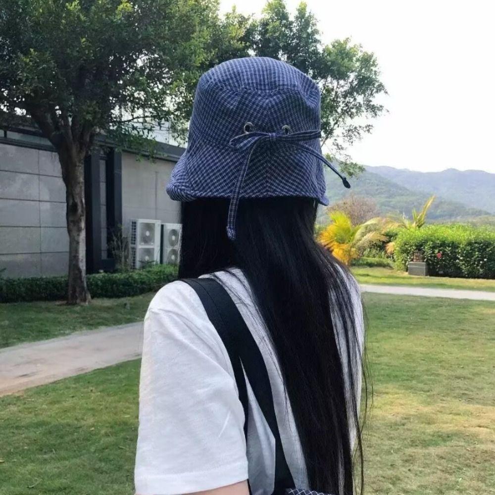 Curled Plaid Bucket Cap Quick-dry Fisherman Caps Ins Plaid Sun Hat  for Women