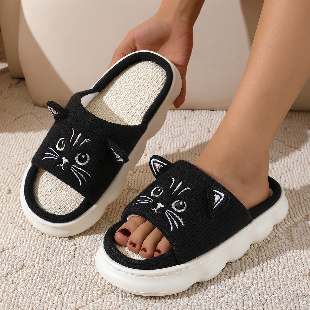 Fashion Kidmi Cute kitty Women Slippers Fashion Breathable Indoor House Slippers Sweat-absorbing Linen Antiskid Slippers Casual Slippers