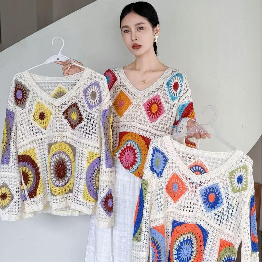 2026 Spring V-neck Crochet Knit Plus Size Women's Cardigan Top