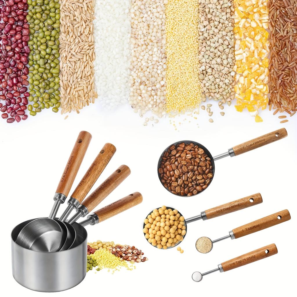 Multiple colors available Stainless steel measuring cup and spoon set with wooden handle Metric and American wooden handles High-quality