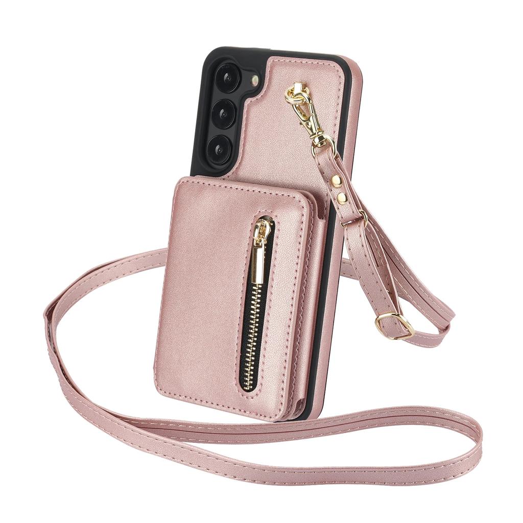 Crossbody Lanyard Zipper Cards Solt Case For Samsung Galaxy S24 Ultra S23 S22 Plus S25 A55 Kickstand Card Bag Pocket Purse Cover