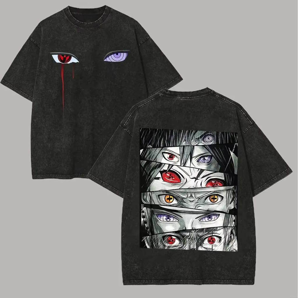 T-shirt in Cotone Lavato Vintage Naruto Shippuden, Maglietta Casual a Maniche Corte con Classico Motivo Anime per Uomini Donne Adolescenti Abbigliamento Quotidiano