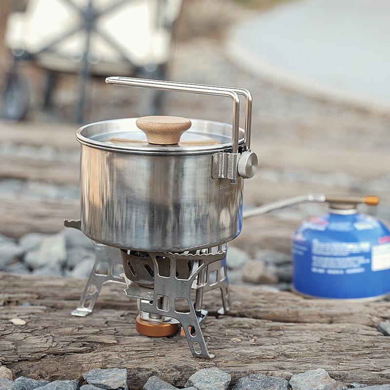 1L Camping Pot Cookware 304 Stainless Steel Outdoor Camping Kettle Backpacking Picnic Cooking Bento Box with Foldable Handle