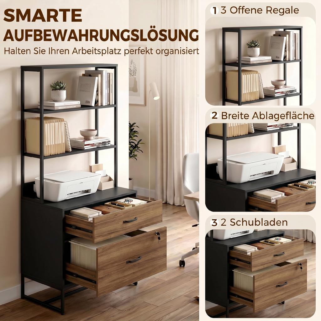 Filing Cabinet with Drawers, Lockable Storage Cabinet with Bookshelf for A4, Letter and Legal Formats, Black