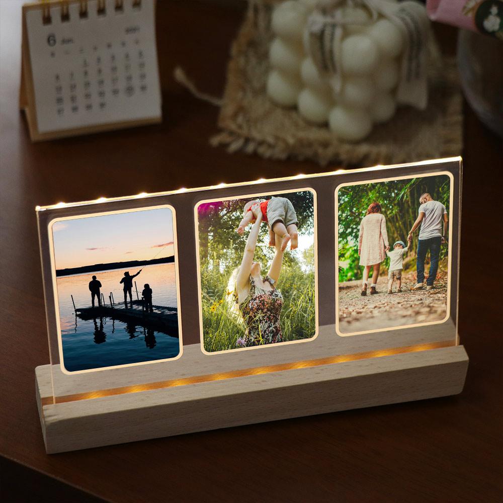 Clear Acrylic LED Light Photo Frame Wooden Base Tabletop Photo Display Rack  Table Top
