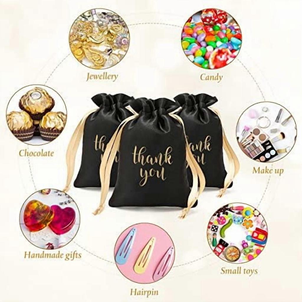 50 Pcs Black & Gold Satin Thank You Gift Bags (5x7") with Drawstring – for Jewelry, Candy, Wedding, Baby Shower, Christmas, Thanksgiving –