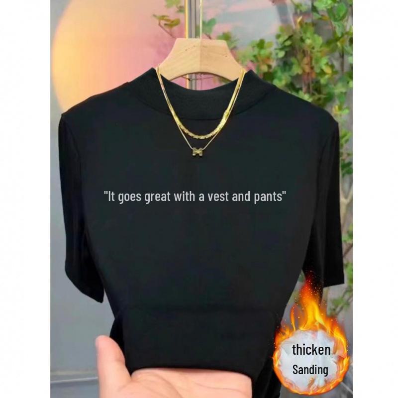 

2024 Женская рубашка из тонкого бархата с начесом, воротником-стойкой и коротким рукавом для многослойного ношения XL