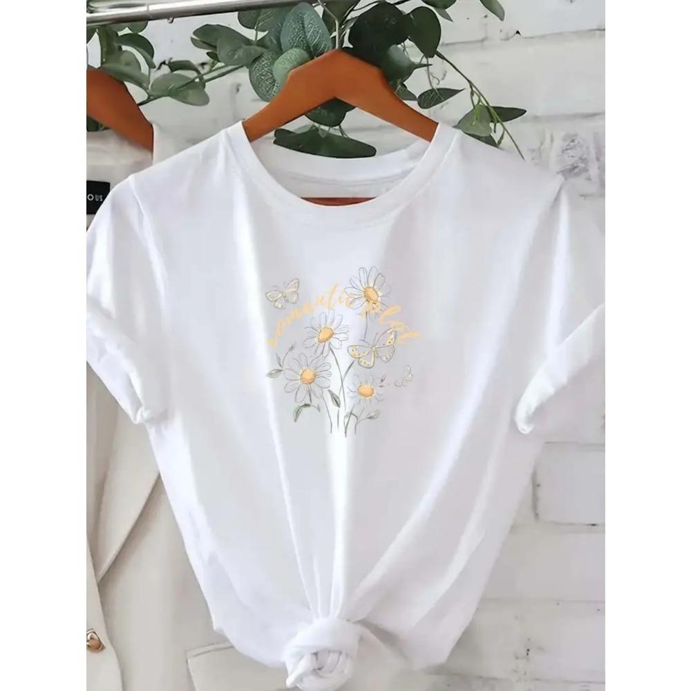 Women s Breathable T-Shirt Delicate Daisy Butterfly Print H-Line Fit Round Neck Sleeve Harajuku Sleeve Clothes S