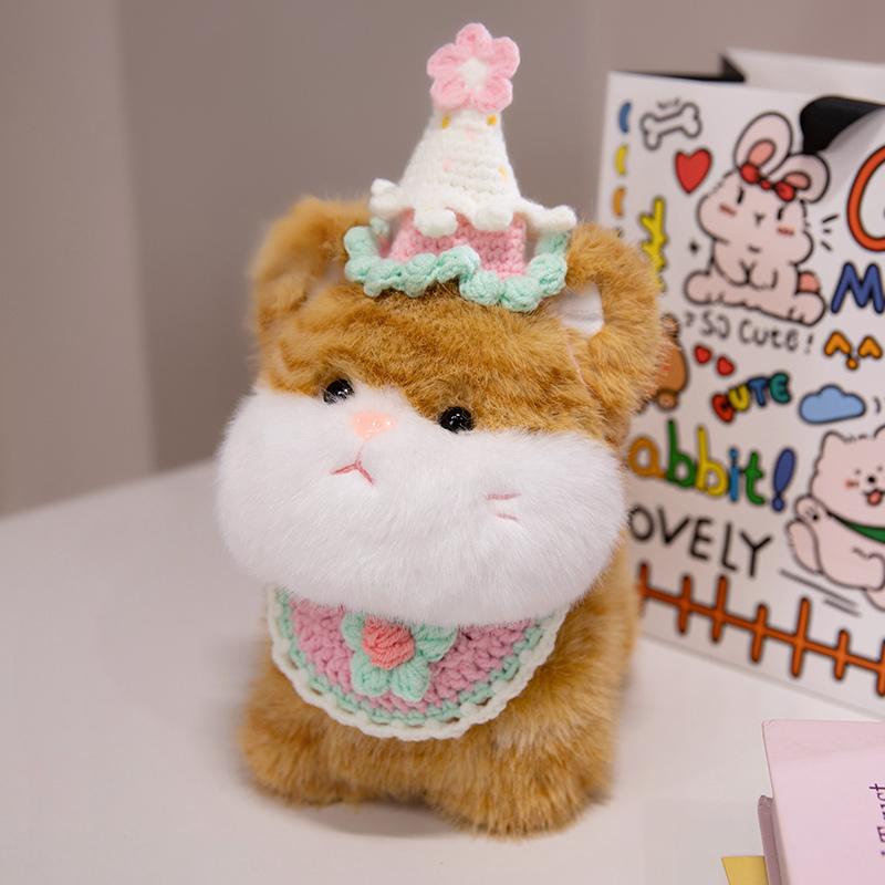 Cute Big Face Cat With Birthday Hat Fruit Cake Snack Bib Decor Kawaii Grey Orange Cats Kittens Plushie For Kids Birthday Gift