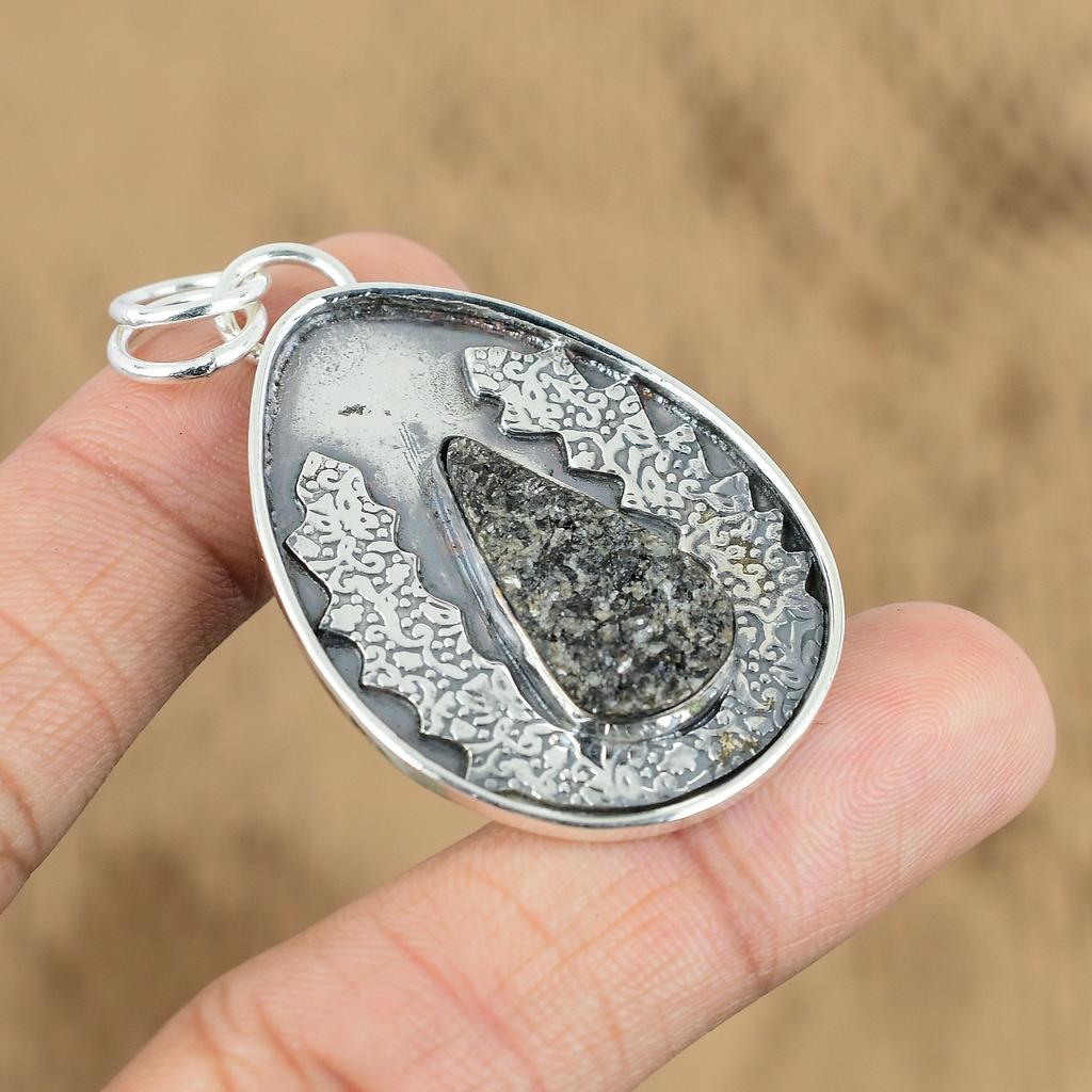 Natural Black Tektite Druzy Gemstone 925 Sterling Silver Pendant For Women