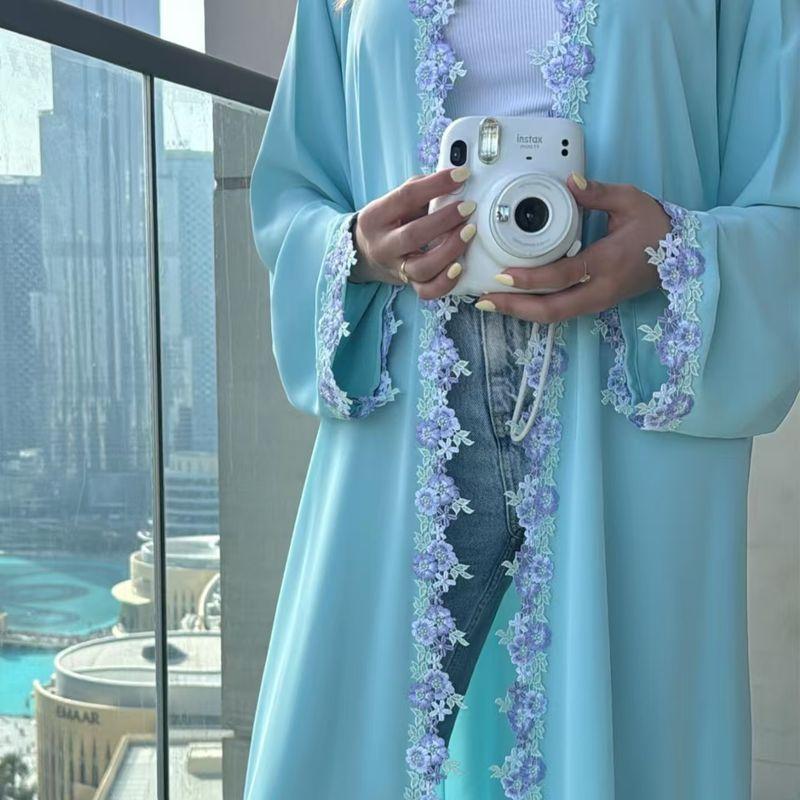 

New Dubai Middle East Turkey Embroidery Flowers Cardigan Dress Embroidered Robe Dress Lake Blue XL