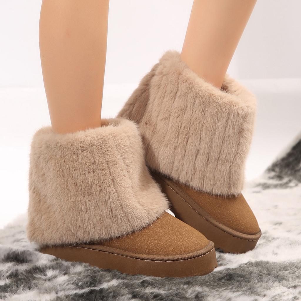 Cotton boots thick-soled round head flanged hairy trousers mid-tube women's boots autumn and winter new foreign trade large-size women's snow boots