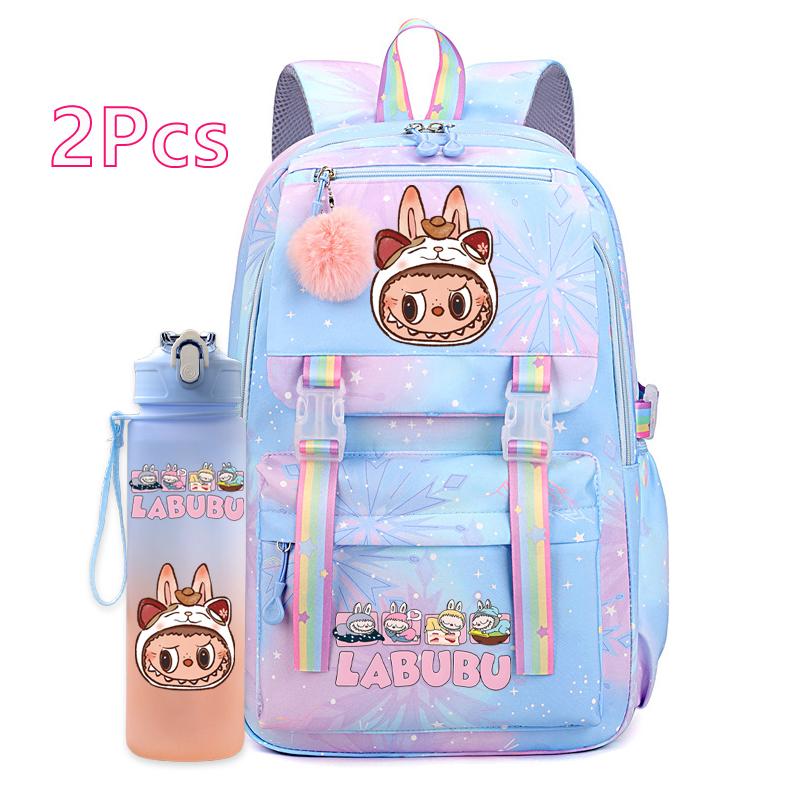 2Pcs/set Cute Printed Backpack with 750Ml Outdoor Sports Water Bottle Student Girl Boy Schoolbag Large Capacity Travel Bag Gift