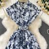 Sommer Damen Casual Kurzarm Umlegekragen Einreiher Lang Midi Print Partykleider mit Gürtel
