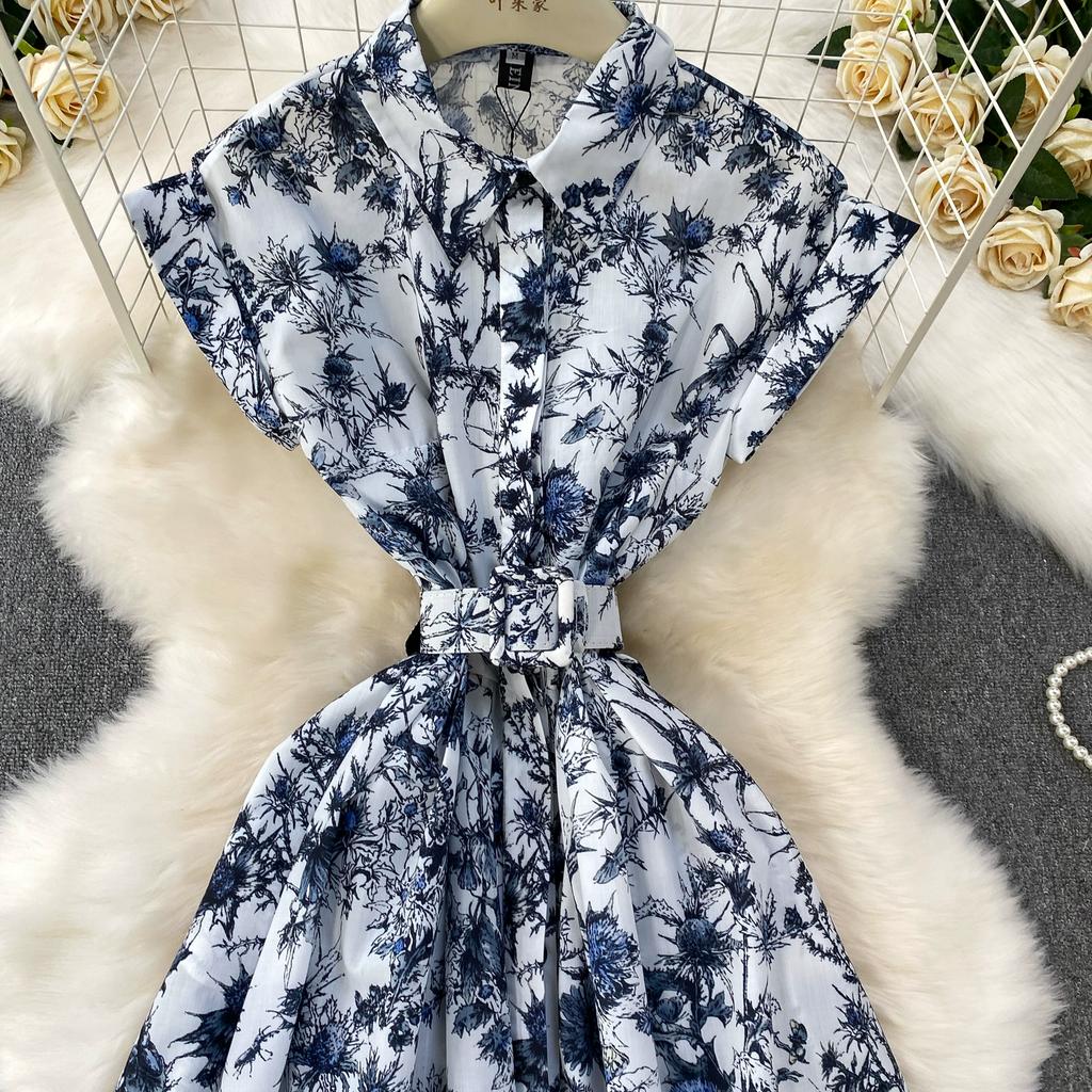 Sommer Damen Casual Kurzarm Umlegekragen Einreiher Lang Midi Print Partykleider mit Gürtel