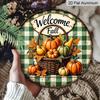 2D Flat, 1pc Aluminum Circular Sign Welcoming The Autumn Harvest, Featuring Rustic Pumpkin And Checkered Decorations with Cursive Lettering, Suitable