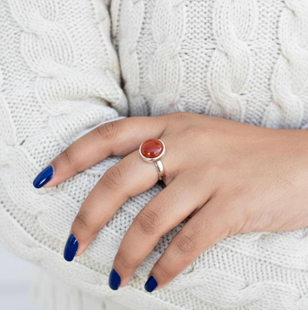 925 Sterling Silver Carnelian Ring, Round Gemstone Bezel Set, Simple Stacking Jewelry