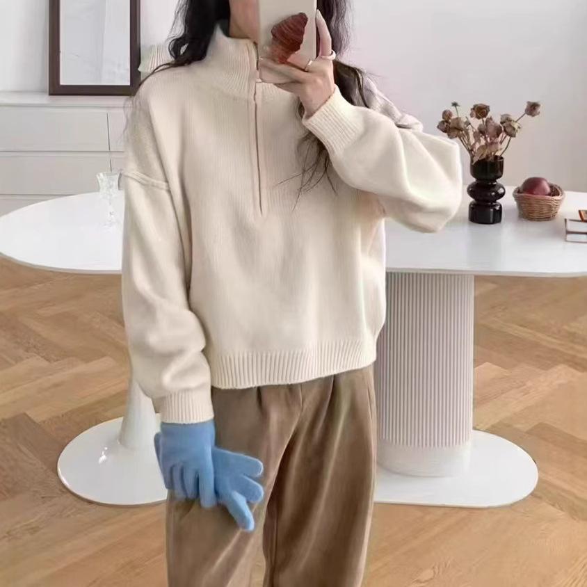 Autumn and Winter Half Zipper Stand Up Collar Knitted Sweater for Women Coat Top Women