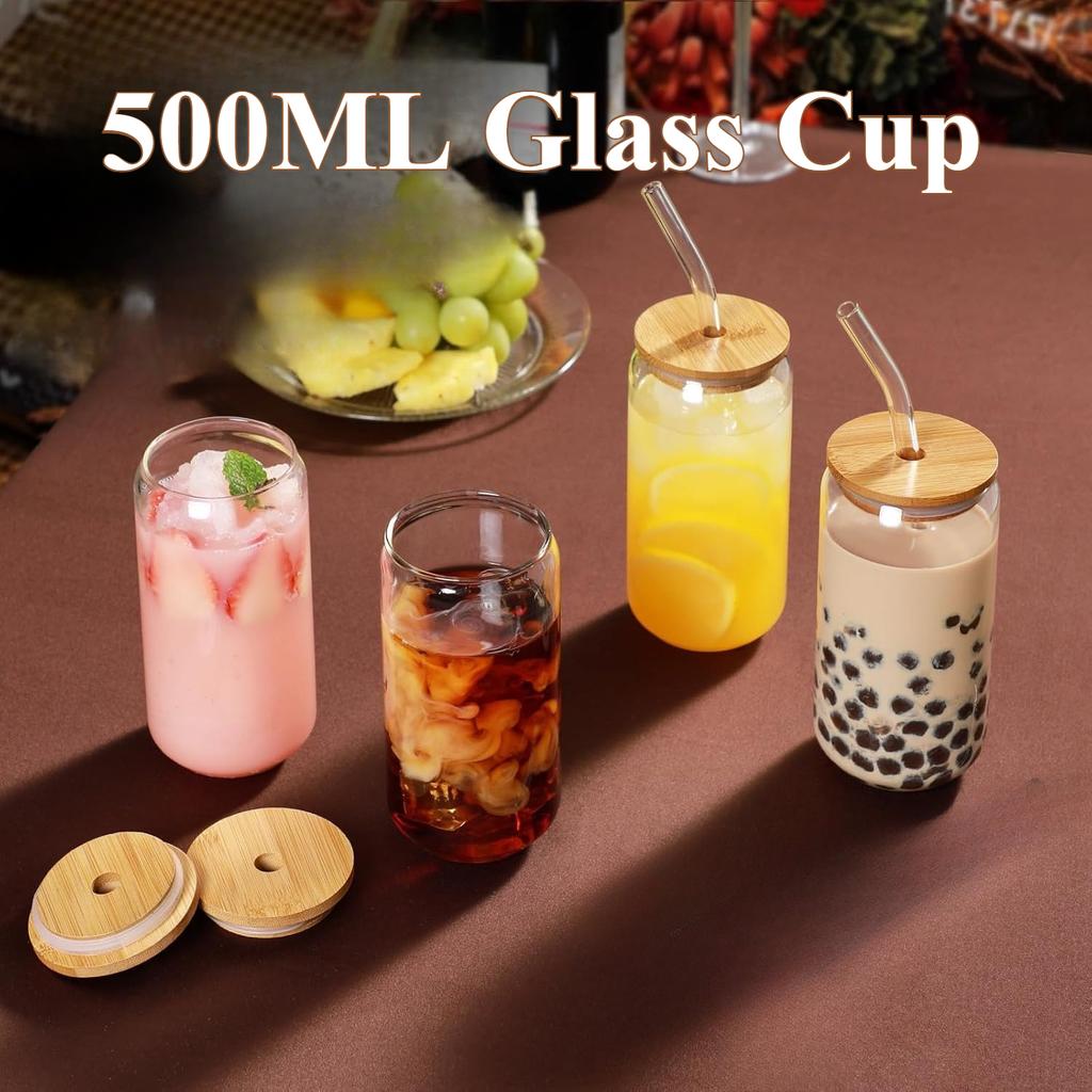 500ML Glass Cup Transparent Iced Coffee Glasses Glass with Lid and Straw Beer Can Milk Mocha Cup Cocktail Whiskey Beer Glasses