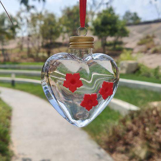 Heart-Shaped Hummingbird Feeder Outdoor Hanging Plastic Feeder Jar with Flower Feeding Ports